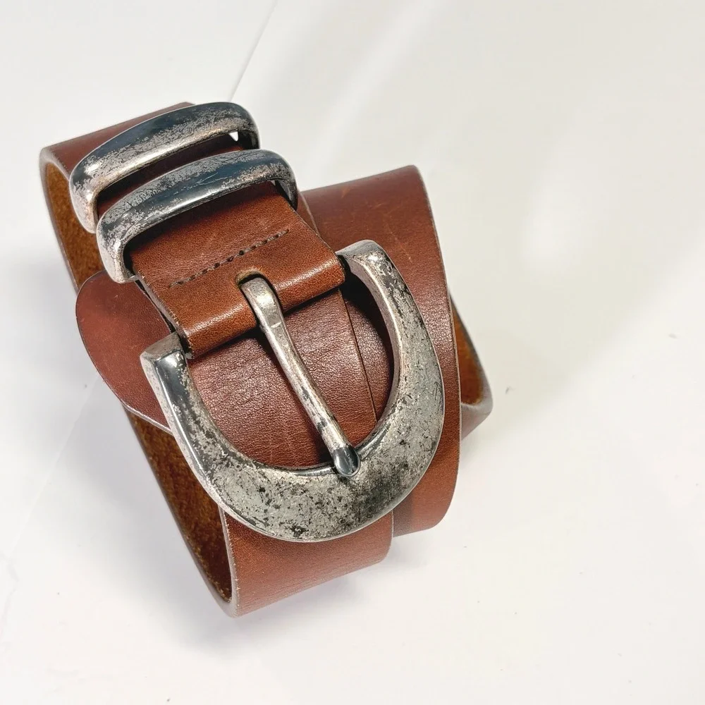Vintage Womens Brown Leather Belt M Distressed Silver Buckle Boho Western USA